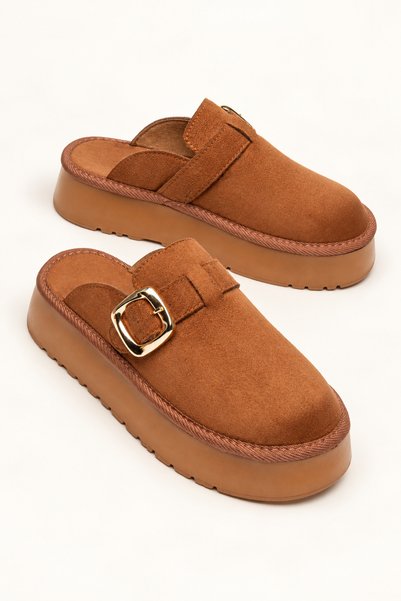 DYG STORE Tan Women's Thick Heeled Slippers