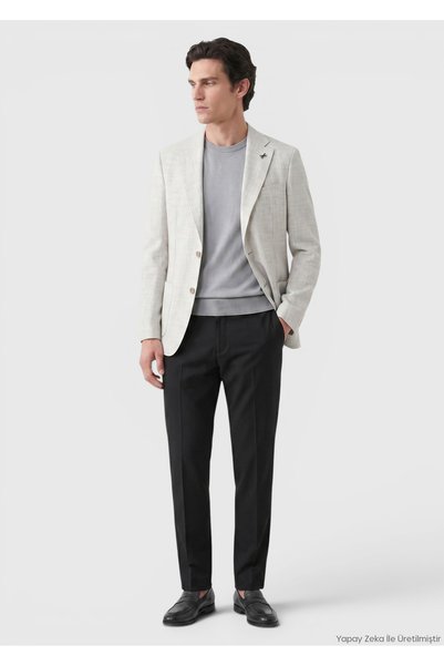 Ramsey Açık Gri Desenli Zeroweight Slim Fit %100 Keten Ceket
