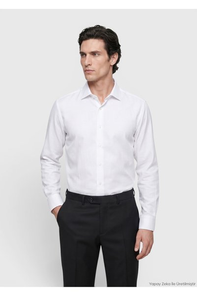 Ramsey White Plain Regular Fit Long Woven Classic 100% Cotton Shirt