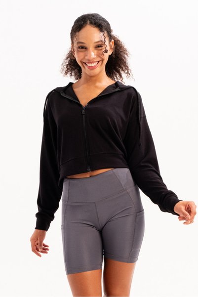 JUSTEVER Crop Hooded Zippered Black Women's Sweatshirt - Atria