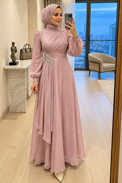 N.S NEVA STYLE Sparkling Fabric Draped Powder Hijab Evening Dress 4916Pd