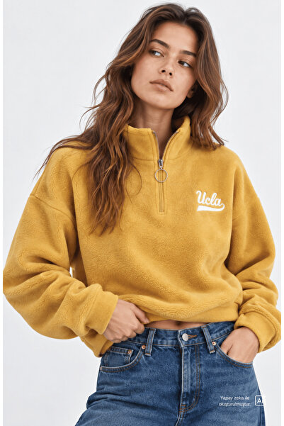 UCLA HAPPY Swea tricou pentru femei, din fleece brodat cu fermoar, maro supra...