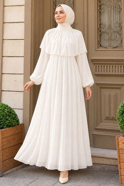 N.S NEVA STYLE Gesmoktes Janjan-Chiffon-Abendkleid in Weiß mit Cape-Details 8...