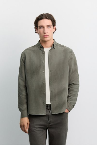 Avva Men's Khaki Bottom-Bottom Britli Modal Blended Striped Long Sleeve Comfo...