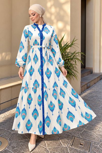 N.S NEVA STYLE Patterned Sax Blue Hijab Dress 23926Sx