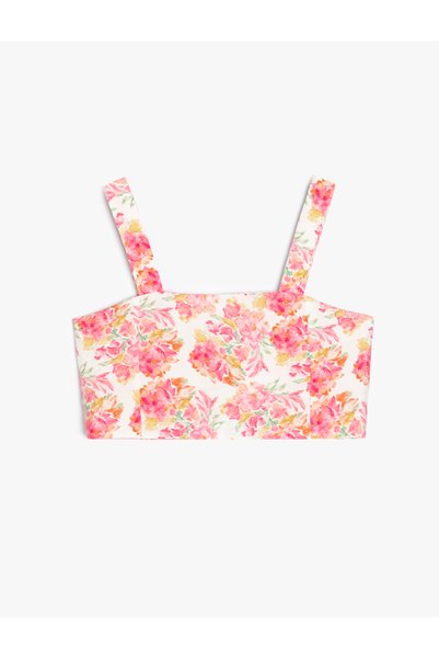 Koton Floral Crop Blouse Strappy Square Neck Viscose Fabric