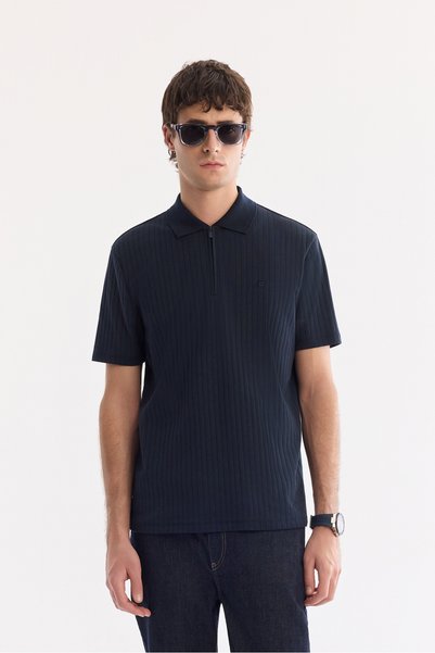 Avva Men's Navy Blue Non-Curling Polo Collar Zippered 100% Cotton Regular Fit...