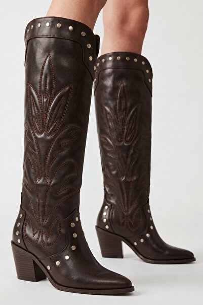İX Statice Women's Brown Leather Embossed Embroidered Pointed Toe Thick Heele...