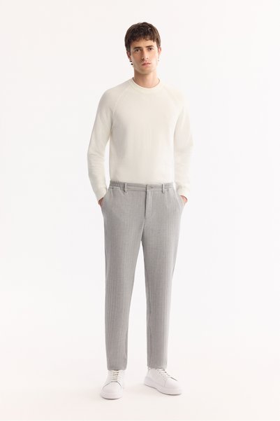 Avva Men's Gray Side Elastic Bi-Stretch Lightly Striped Slim Fit Trousers A52...