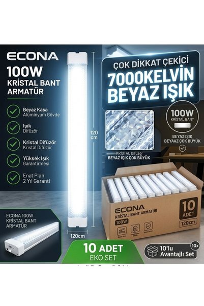 ECONA 10ADET...100W Kristal BEYAZ LED Bant Armatür 120 CM - Yüksek Lümenli Yatay Prizmatik Tavan Lambası,Modern Aydınlatma.Led Lamba ,Kristal,Lamba