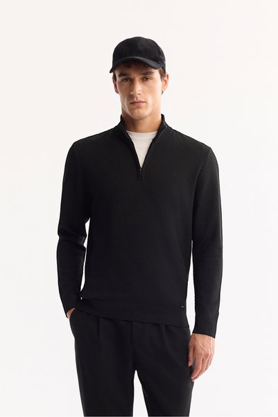 Avva Pulover pentru bărbați, negru, cu guler în picioare, cu fermoar, tricot ...