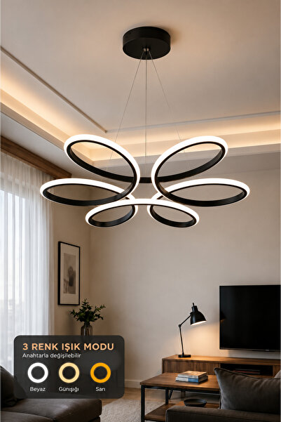 Elektroyou Nipul Siyah Sarkıt Modern Kumandalı 3 Renk Ledli Avize
