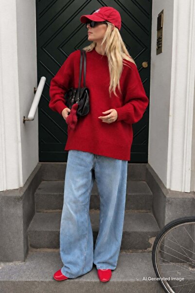 Madmext Roter Oversize-Pullover mit Rundhalsausschnitt für Damen MG2890
