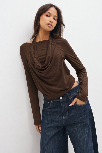 ecemore Double Layered Front, Halter Neck, Flowy, Drapey Collar, Long Sleeve Viscose Blouse