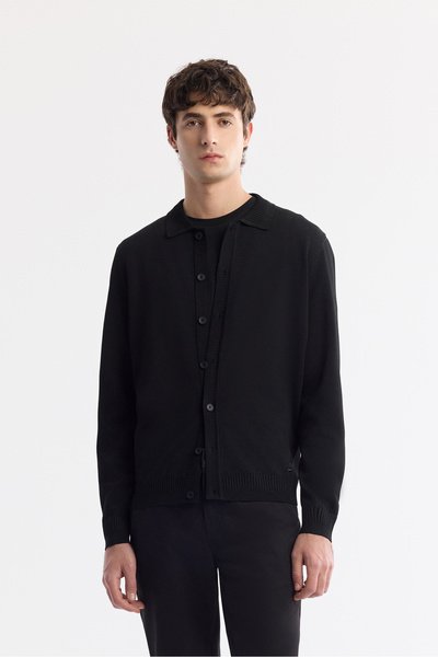Avva Cardigan negru pentru bărbați, cu guler polo, cu nasturi, din raion, ant...