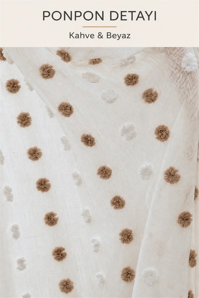 KENANAKDENİZ Linen Textured Brown - White Colored Ecru Tulle Curtain with Pom...