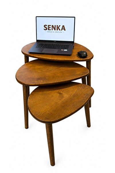 Senka Wood Damla Masif Doğal Ahşap Zigon Sehpa 3'lü Set Ceviz