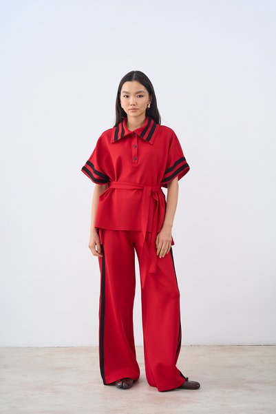 LOCCO Women's Stripe Detail Waist Tie Set Red