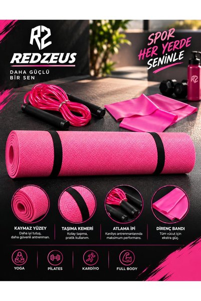 REDZEUS Konfor Zemin 7 mm Taşıma Askılı Pilates Minderi Yoga Matı + Atlama İp...