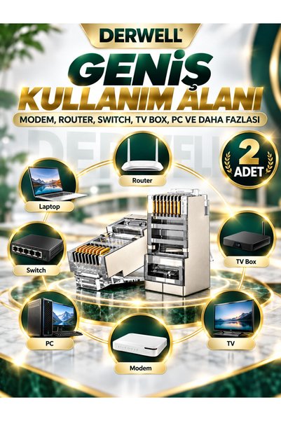 Derwell 2 Adet - RJ45 Cat6 Konnektör Metal Gövdeli Ağ Kablosu Jakı Altın Kaplama Kontak Yüksek Performanslı Stabil İnternet Bağlantısı Kolay Montaj Sağlam Kilit Yapılı Ethernet Plug Uç