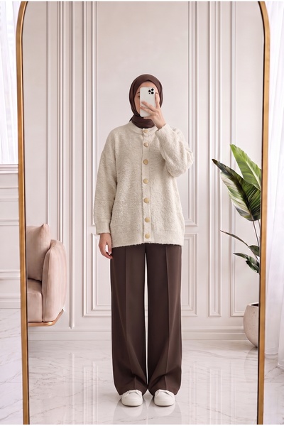 Holehola هيدجي جولد كارديجان ناعم بأزرار وياقة دائرية -KR6056 حجري