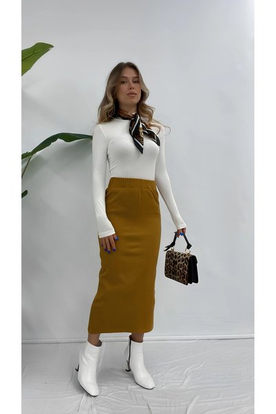 bysocafashion تنورة نسائية عالية الخصر من قماش الخردل مع خصر مطاطي، تنورة مست...