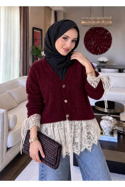 dağons Long Lace Soft Women's Knitwear Cardigan