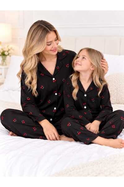 zahider Mother Daughter Matching Cotton Flowy Fabric Cherry Pattern Buttoned Long Sleeve Pajama Set (Sold Separately)