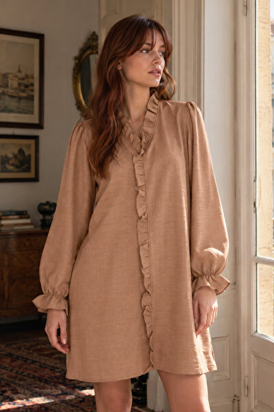armonika Women's Mink V-Neck Long Sleeve Mini Dress with Ruffle Detail on the...