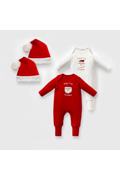 Nipperland %100 Pamuk Unisex Bebek Yılbaşı kırmızı renk Tulum ve Şapka Takımı...