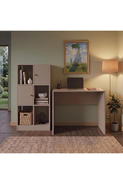 Bimossa T5330 Betty Çalışma Odası Takımı Kumtaşı, 2 Kapaklı 4 Açık Bölmeli Kitaplık ve 90 cm Çalışma Masası