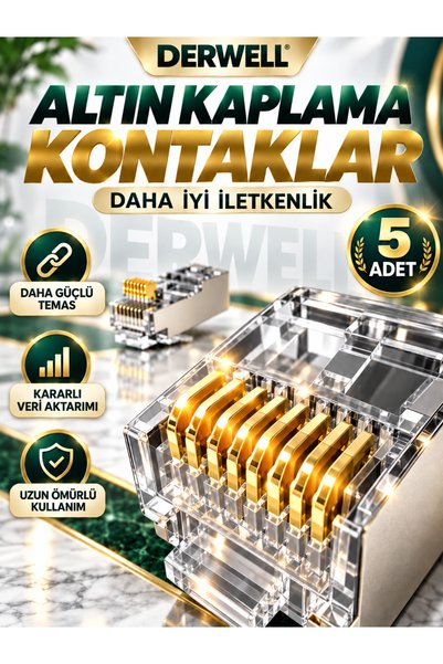 Derwell 5 Adet - RJ45 Cat6 Konnektör Metal Gövdeli Ağ Kablosu Jakı Altın Kaplama Kontak Yüksek Performanslı Stabil İnternet Bağlantısı Kolay Montaj Sağlam Kilit Yapılı Ethernet Plug Uç