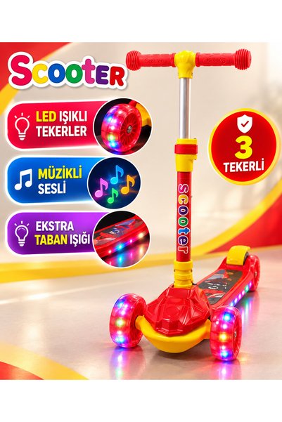 POZART Scooter LED Işıklı 3Tekerli Müzikli Katlanabilir Dayanıklı Gövde 3+Yaş
