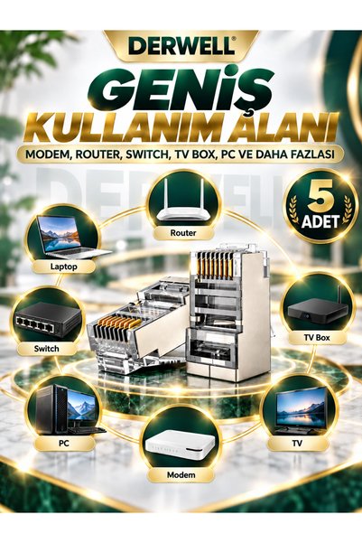 Derwell 5 Adet - RJ45 Cat6 Konnektör Metal Gövdeli Ağ Kablosu Jakı Altın Kaplama Kontak Yüksek Performanslı Stabil İnternet Bağlantısı Kolay Montaj Sağlam Kilit Yapılı Ethernet Plug Uç