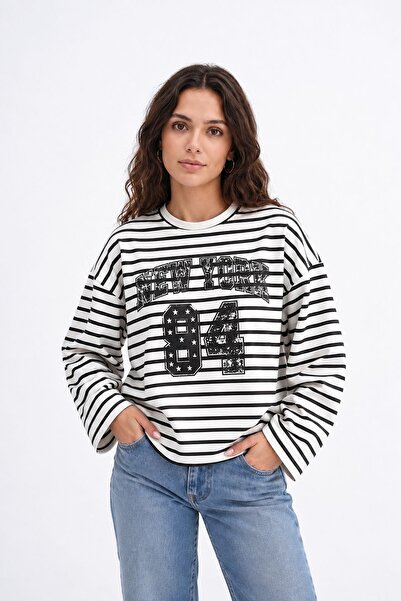 Kozik Black and White Striped New York Printed Women's Long Sleeve T-Shirt