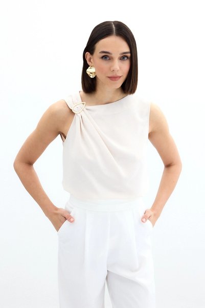 bysocafashion Women's Beige Shoulder Buckle Accessory Sleeveless Draped Asymm...