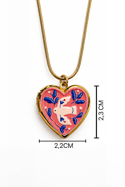 Nearsis Steel Pink Bird Patterned Medallion Necklace