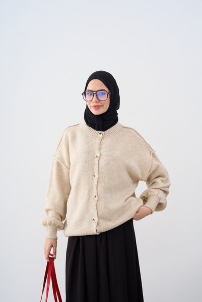 LOCCO Women's Buttoned Oversize Knitwear Cardigan Stone