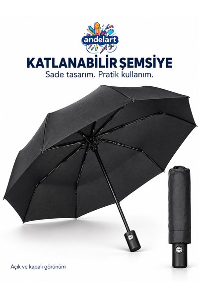 andelart Siyah Katlanabilir Şemsiye Kılıflı Çanta Boy Kadın Erkek Unisex