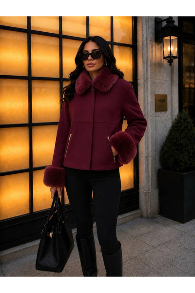 bysocafashion Women's Burgundy Short Cashmere Jacket with Long Sleeves, Fur C...