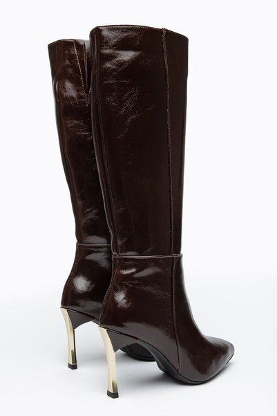 Hayalimdeki Ayakkabı Women's Brown Patent Leather Pointed Toe Thin Heeled Boots
