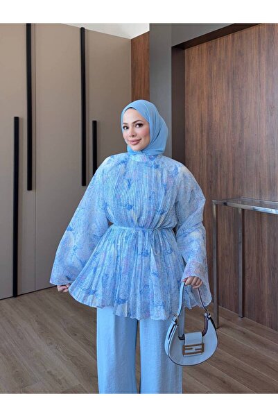 MAESTRO WOMAN Women's Baby Blue Patterned Pleated Lace-Up Blouse and Elastic ...
