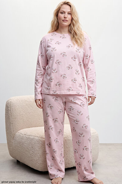 Siyah İnci Pembe Ayıcık Baskılı Büyük Beden Battal Boy Örme Pijama Takım 8089