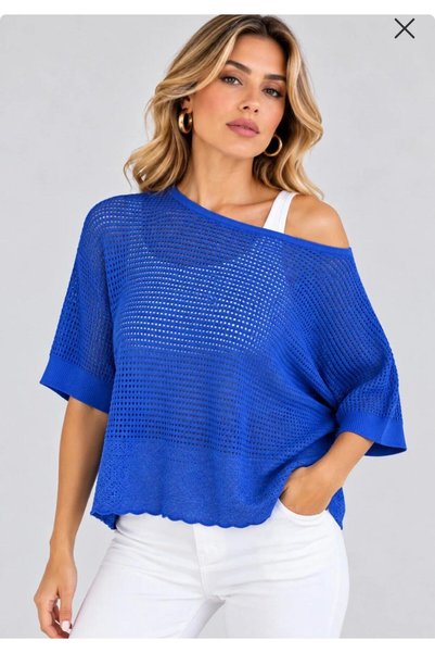 moda rüyası Women's Knitwear Blouse Short Sleeve Openwork Knit Boat Neck Rela...