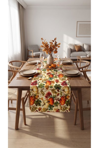 kesenegore Duck Fabric Runner 40X110 cm – Pumpkin, Autumn Leaf and Grape Patt...