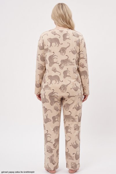 Siyah İnci Ten Rengi Leopar Baskılı Büyük Beden Battal Boy Örme Pijama Takım 8089