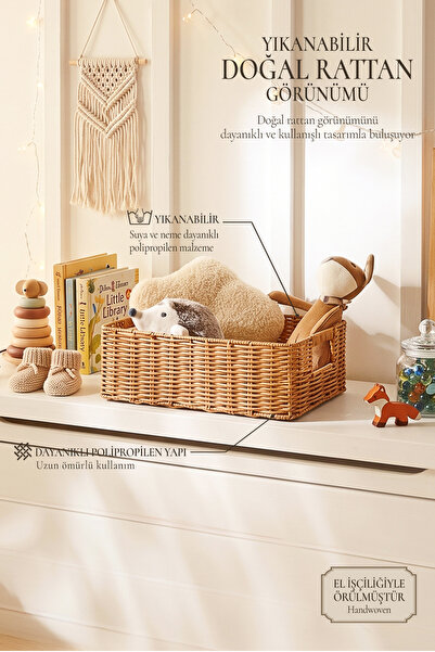 Ocean Home Textile Çocuk Odası Yıkanabilir Bej PP Rattan Dolap İçi Çamaşır Oy...