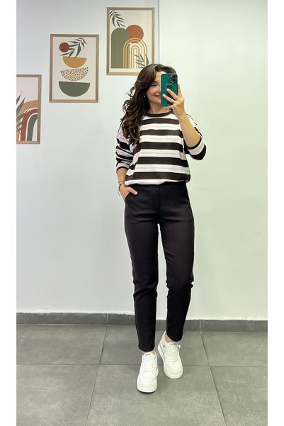 bydenizcollection Crew Neck Thick Striped Soft Fabric Sweatshirt