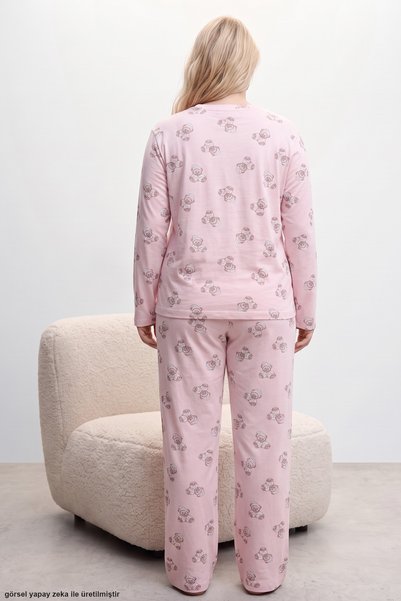 Siyah İnci Pembe Ayıcık Baskılı Büyük Beden Battal Boy Örme Pijama Takım 8089