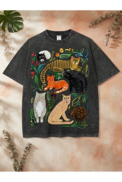 Ryam Tricou din bumbac, lavabil, cu imprimeu cu pisici, de zi cu zi